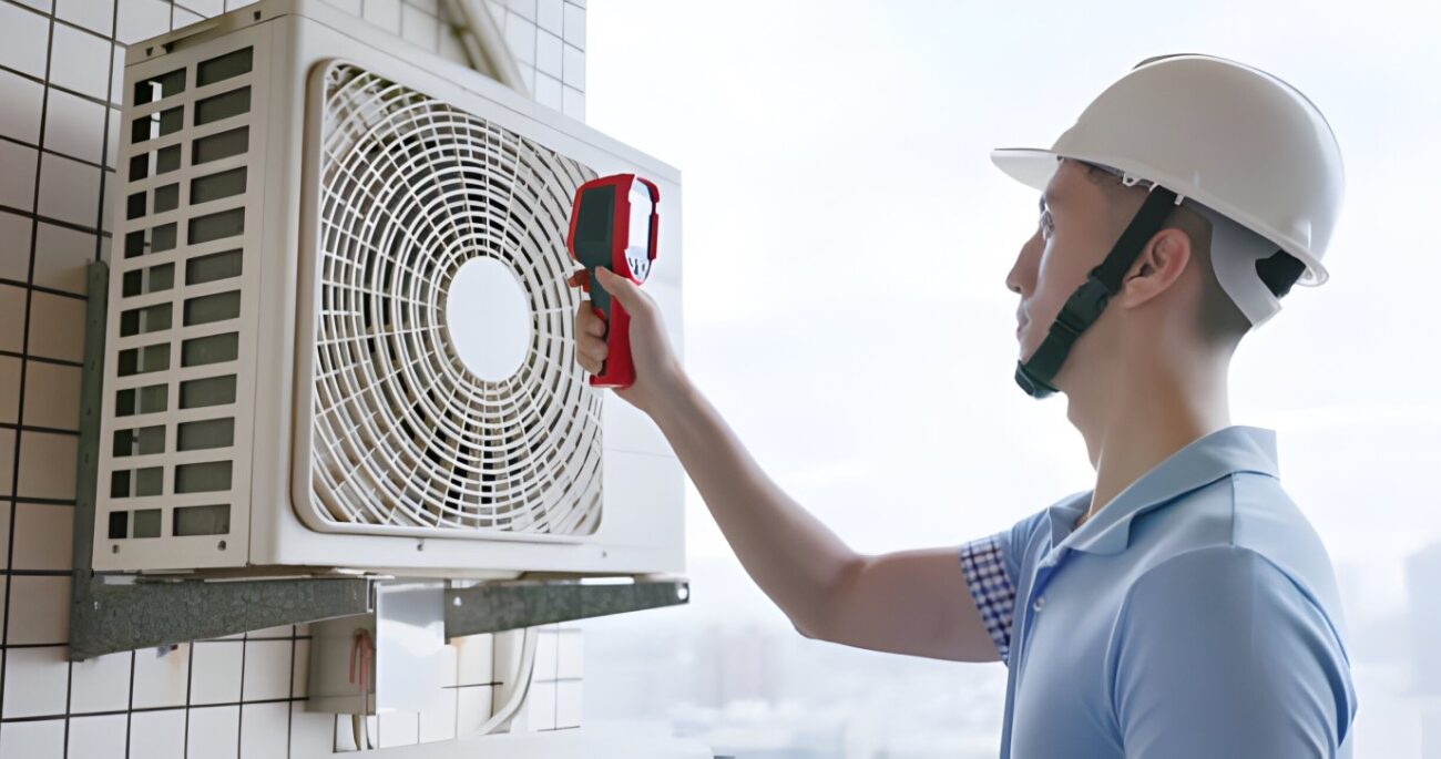 an electrician checking the air conditioner condition